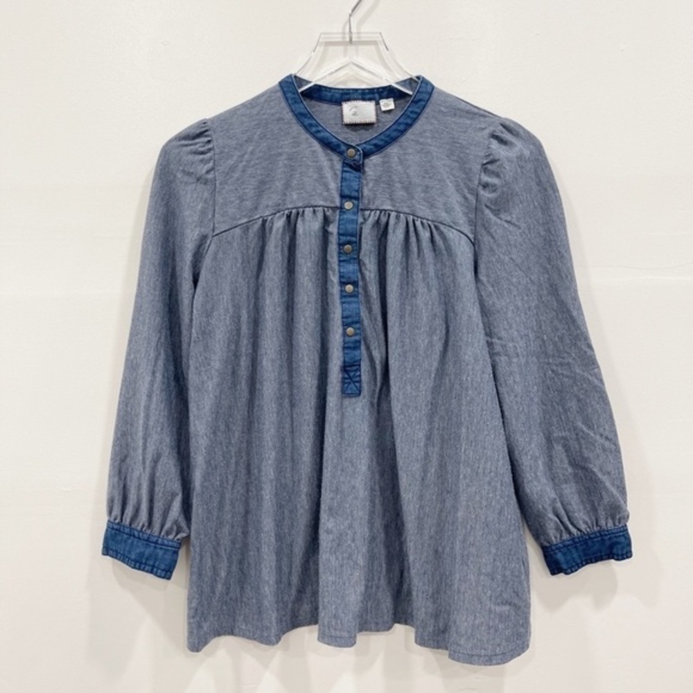 Anthropologie Postmark Chambray Henley Popover Top 3/4 Sleeve S